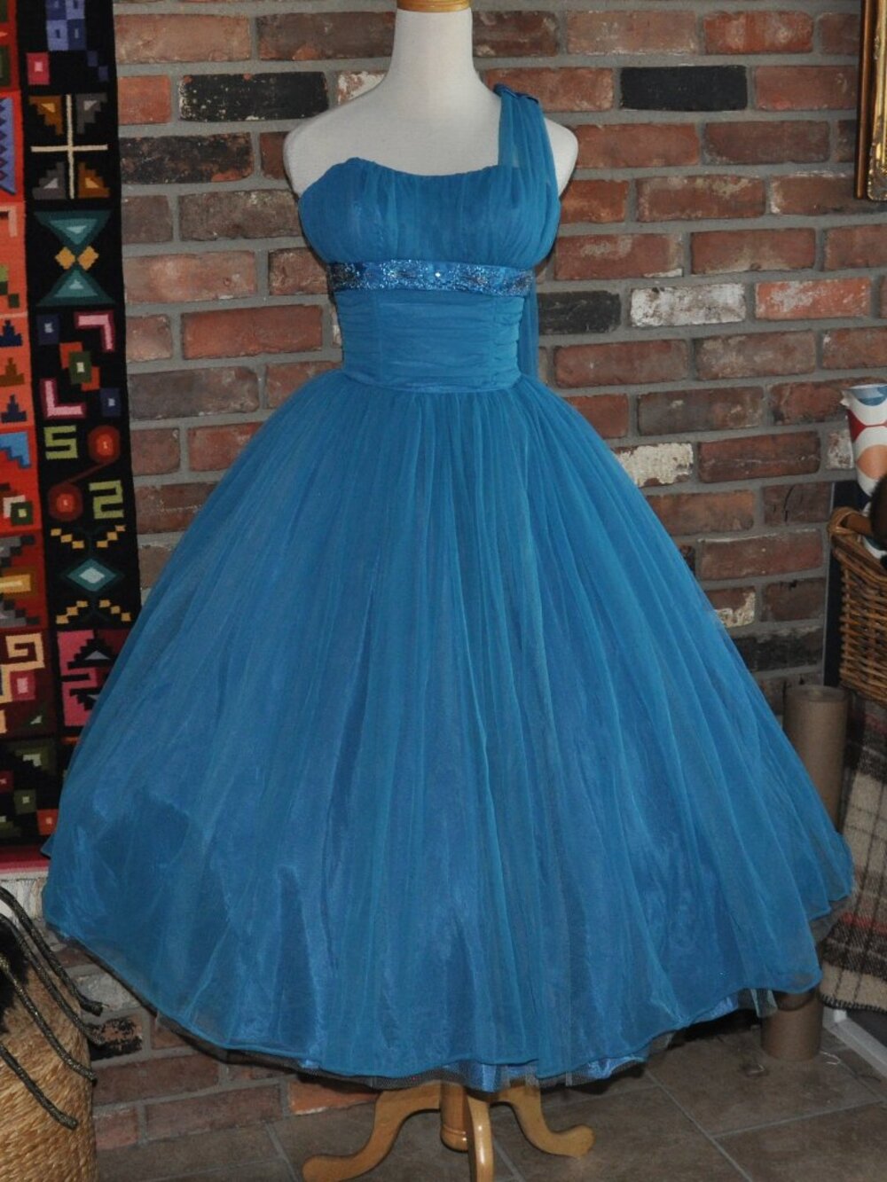 Vintage 50s Blue Ruched Tulle Layer Crinoline Grad Prom Gown Dress XS Waist 24"